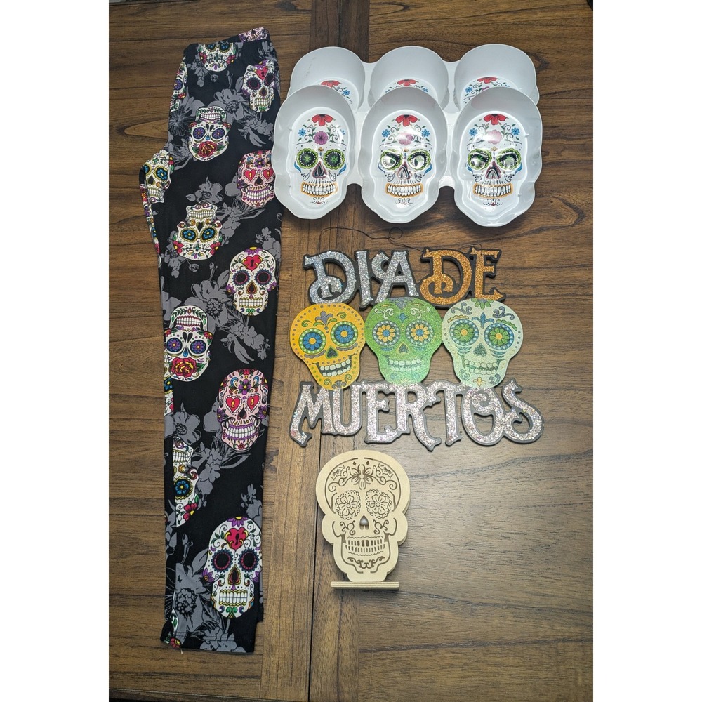 Dia de los Muertos Bundle Sugar Skull Leggings Serving Tray Sign Decor Set